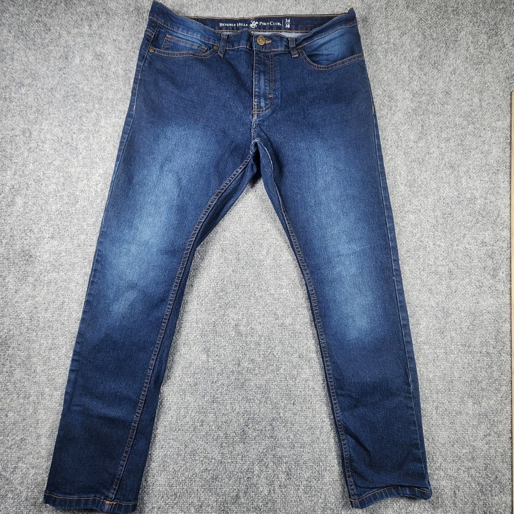 Beverly Hills Polo Club Mens Straight Leg Jeans Blue Dark Wash 34x30 Stretch